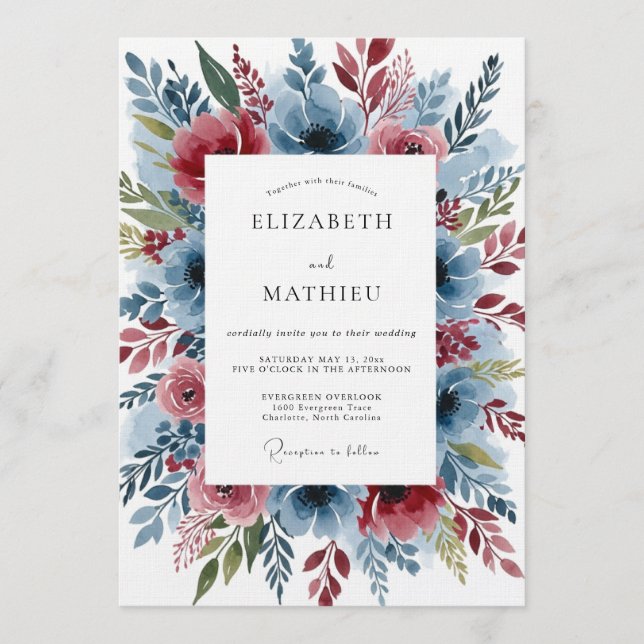 Invitación Boda de Flor Romántica Azul Polvoriento (Anverso)