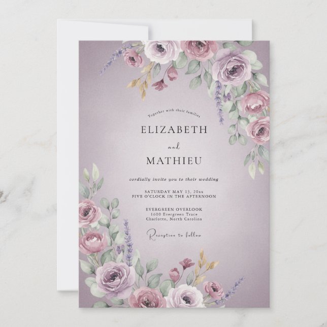 Invitación Boda de Flor Romántica Malva (Anverso)