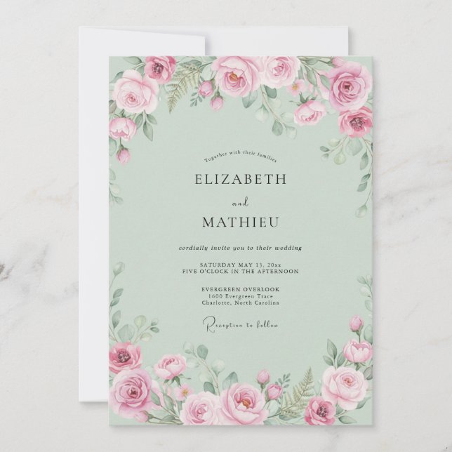 Invitación Boda de Flor Romántica Rosa Pálido (Anverso)