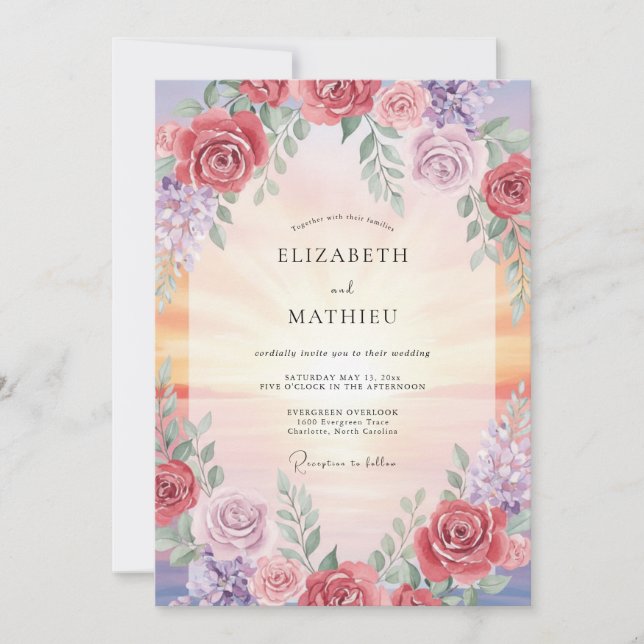 Invitación Boda de Flor Romántica Rosa Polvorienta (Anverso)