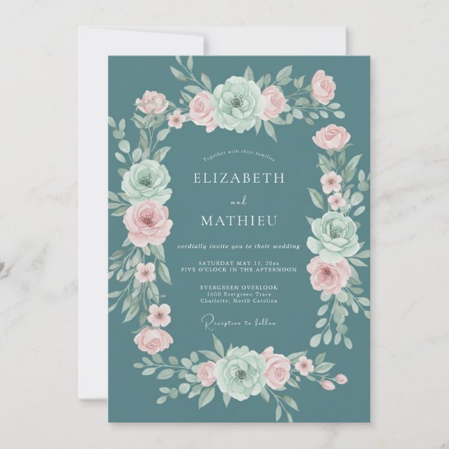 Invitación Boda de Flor Romántica Turquesa (Anverso)