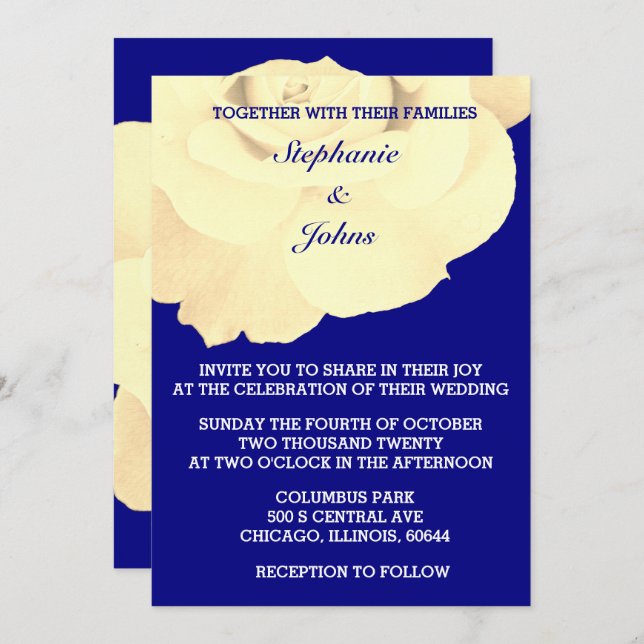 Invitación Boda de Flor Rosa Blanca de Marfil Azul de Marina  (Anverso / Reverso)