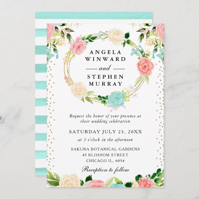 Invitación Boda de flor rosa y de menta (Anverso / Reverso)