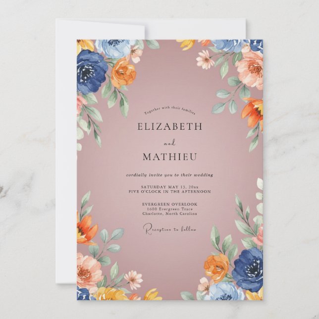 Invitación Boda de Flor Rústica Azul Marino (Anverso)