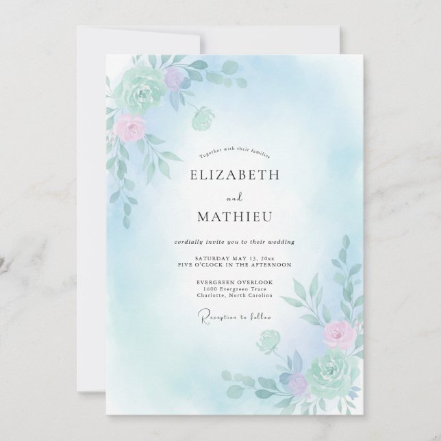 Invitación Boda de Flor Serena Azul Cielo (Anverso)