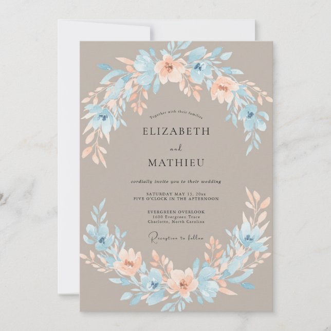 Invitación Boda de Flor Serena Azul Polvoriento (Anverso)