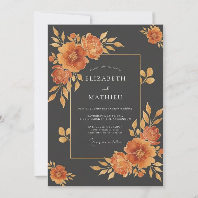 Invitación Boda de Flor Silvestre Ámbar Carbón (Anverso)
