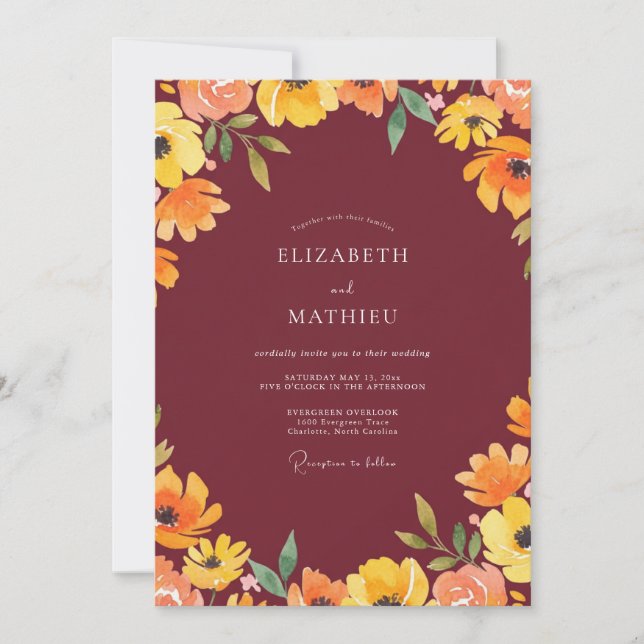 Invitación Boda de Flor Silvestre Ámbar Granate (Anverso)
