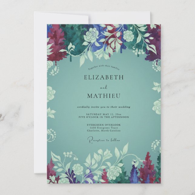 Invitación Boda de flor silvestre aqua ciruela (Anverso)