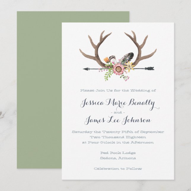 Invitación Boda de Flor silvestre Arrow y Antlers (Anverso / Reverso)