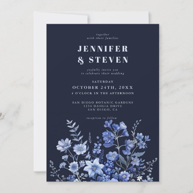 Invitación Boda de Flor Silvestre Azul de la Marina Monocroma (Anverso)
