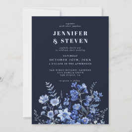 Invitación Boda de Flor Silvestre Azul de la Marina Monocroma