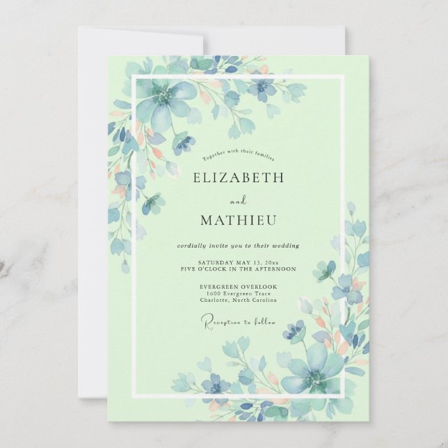 Invitación Boda de flor silvestre azul menta (Anverso)