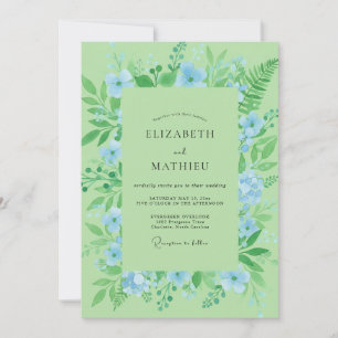 Invitación Boda de Flor Silvestre Azul Moderno con Menta