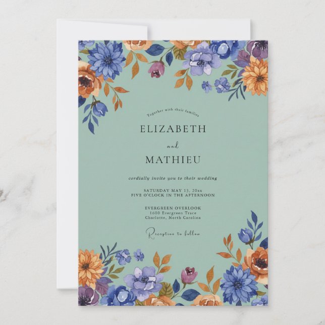 Invitación Boda de Flor Silvestre Azure Seafoam (Anverso)