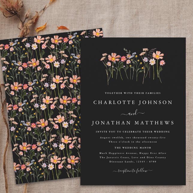 Invitación Boda de Flor Silvestre Black and White Boho Fall (Boho fall Wildflower floral black and white Wedding invitation simple Watercolor autumn flowers)