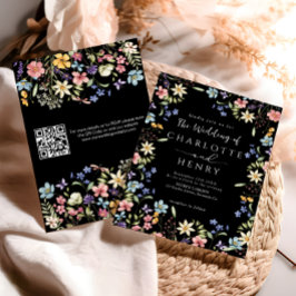 Invitación Boda de flor silvestre Black Modern QR Code