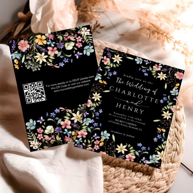Invitación Boda de flor silvestre Black Modern QR Code (Subido por el creador)