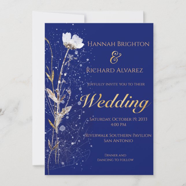 Invitación Boda de Flor Silvestre Bohemia Azul de la Armada R (Anverso)