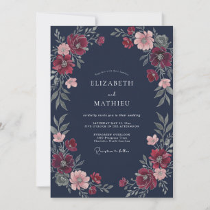 Invitación Boda de flor silvestre carmesí de medianoche
