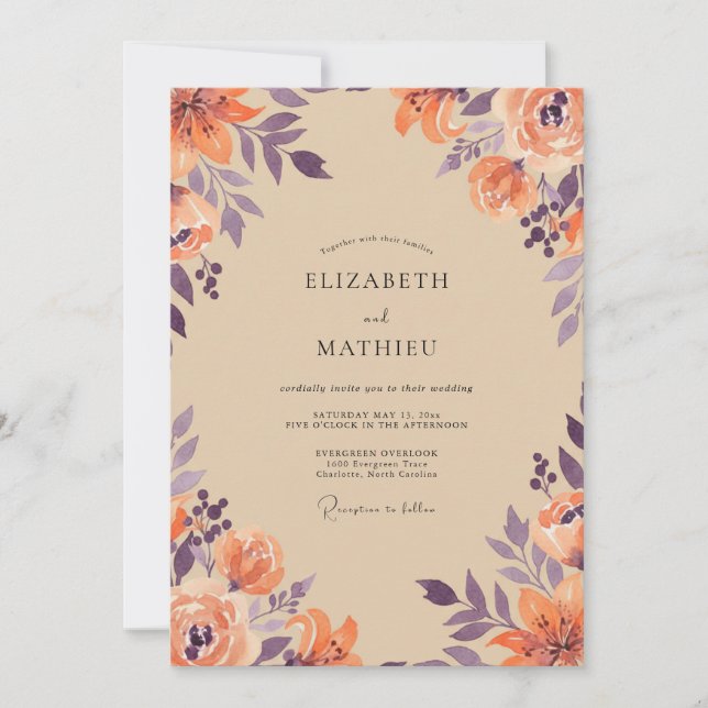 Invitación Boda de Flor Silvestre Ciruela Naranja (Anverso)