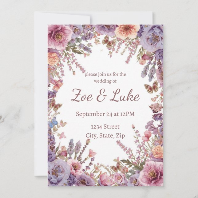 Invitación Boda de Flor Silvestre de Lavanda Rosa Seca (Anverso)