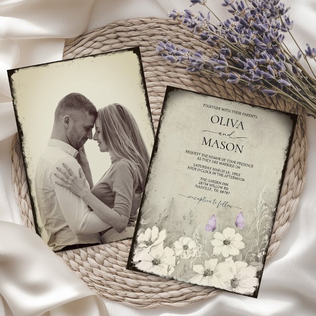Invitación Boda de Flor Silvestre de mariposa fotográfica (Vintage Nostalgic Photo Purple Butterfly Invitation)