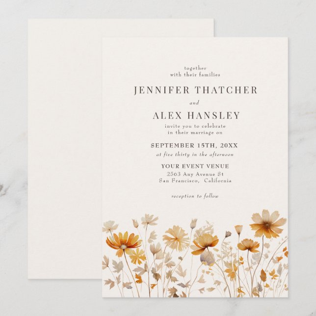 Invitación Boda de Flor Silvestre del otoño (Anverso / Reverso)