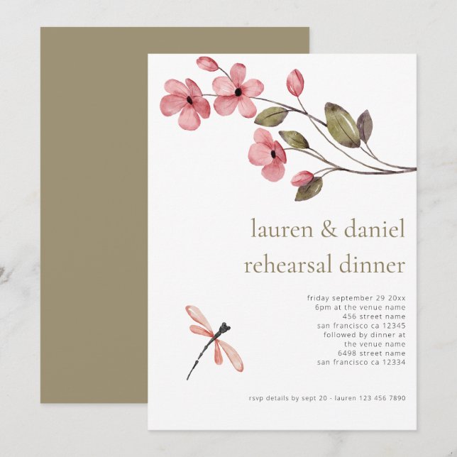 Invitación Boda de Flor Silvestre Dragonfly Ensayo Cena (Anverso / Reverso)
