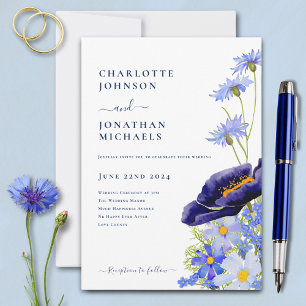 Invitación Boda de Flor Silvestre Elegante Azul Moderno