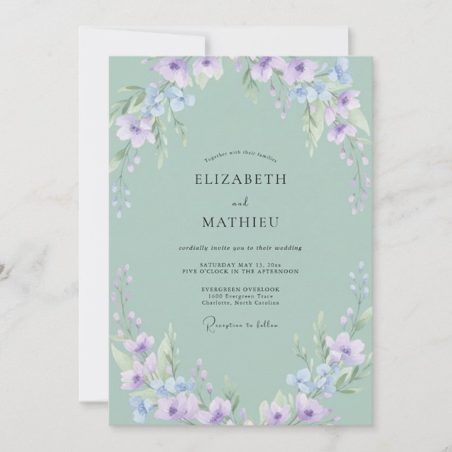 Invitación Boda de Flor Silvestre Lila Celadón (Anverso)