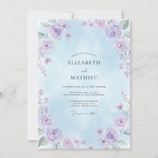 Invitación Boda de flor silvestre lila cielo (Anverso)