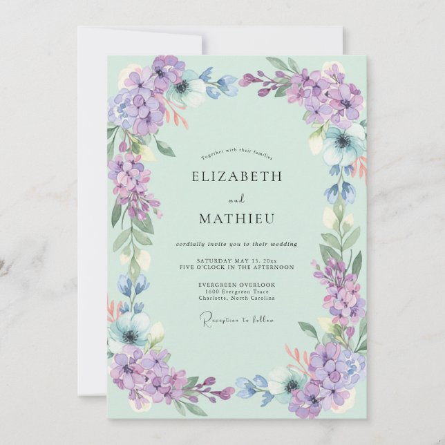 Invitación Boda de Flor Silvestre Lila Espuma de Mar (Anverso)