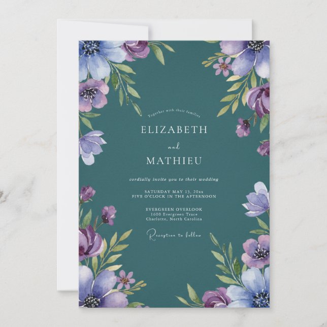 Invitación Boda de Flor Silvestre Lila Verde (Anverso)