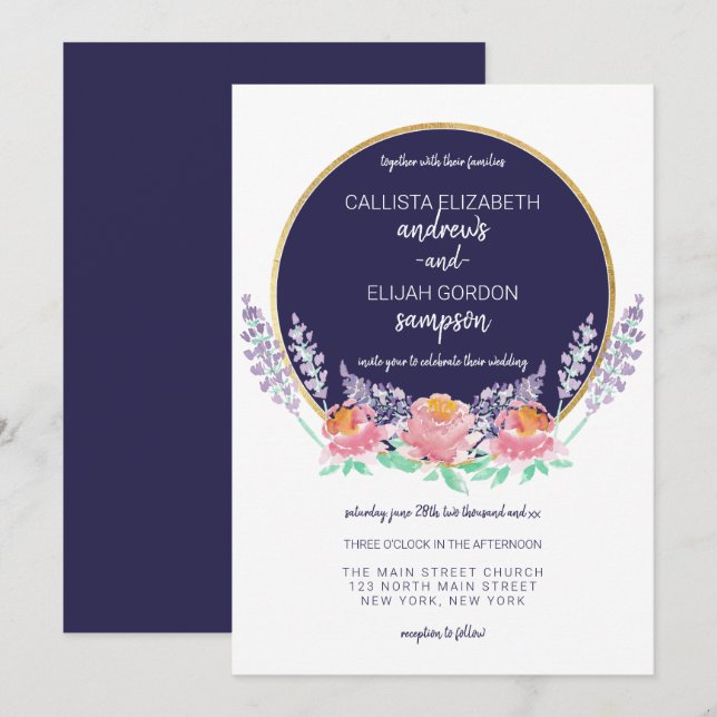Invitación Boda de Flor Silvestre Lilac Rosa de la Marina de  (Anverso / Reverso)