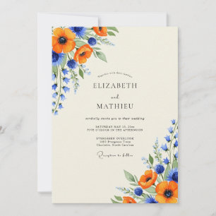 Invitación Boda de Flor Silvestre Luminosa Azul Real Naranja