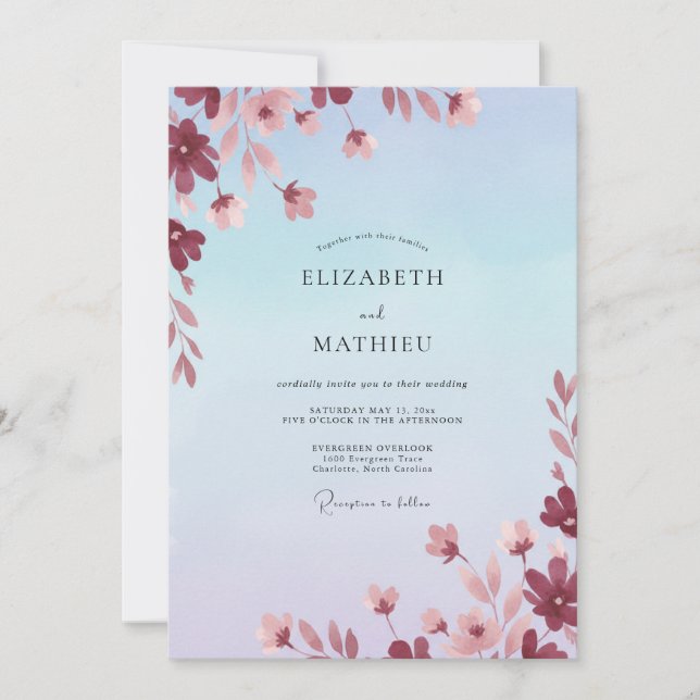 Invitación Boda de flor silvestre malva azulada (Anverso)
