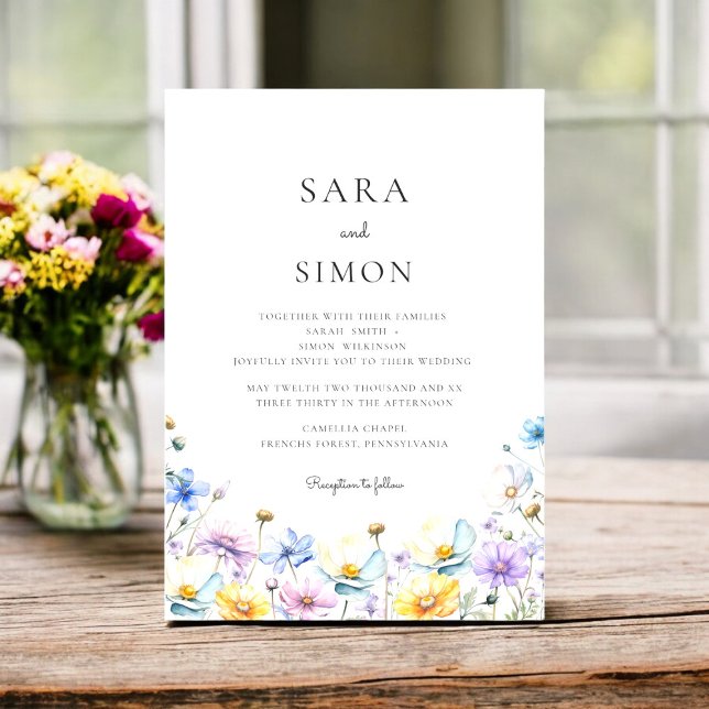 Invitación Boda de flor silvestre moderno mínimo (Modern Wildflower Wedding Invitation Set | Elegant Double-Sided Design with Watercolor Floral )