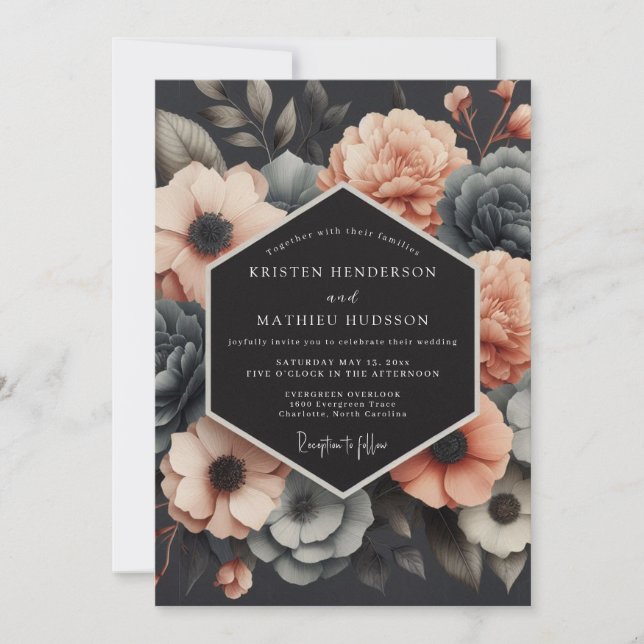 Invitación Boda de Flor Silvestre Muted Charcoal & Coral (Anverso)