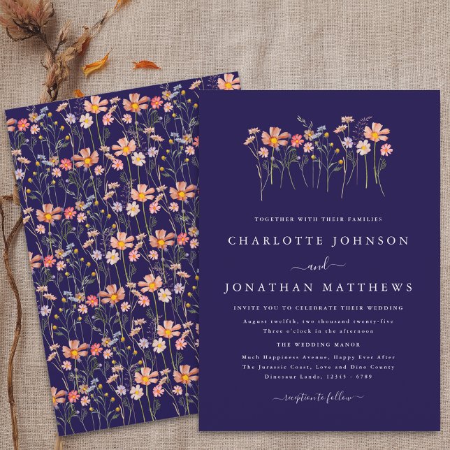 Invitación Boda de Flor Silvestre Navy Terracota Azul Boho Fa (Boho fall Wildflower floral navy blue terracotta blush pink orange Wedding invitation)