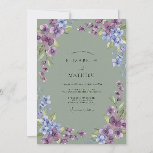 Invitación Boda de Flor Silvestre Periwinkle Amatista (Anverso)