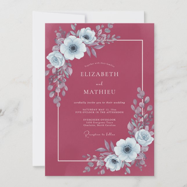 Invitación Boda de flor silvestre plateada carmesí (Anverso)