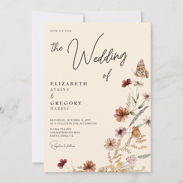 Invitación Boda de Flor Silvestre Rusal Boho Butterfly Fall (Anverso)