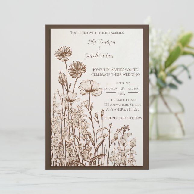 Invitación Boda de Flor Silvestre Rústica Caída (Anverso de pie)