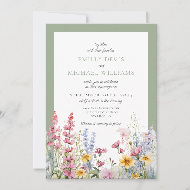 Invitación Boda de Flor Silvestre Sage Green (Anverso)
