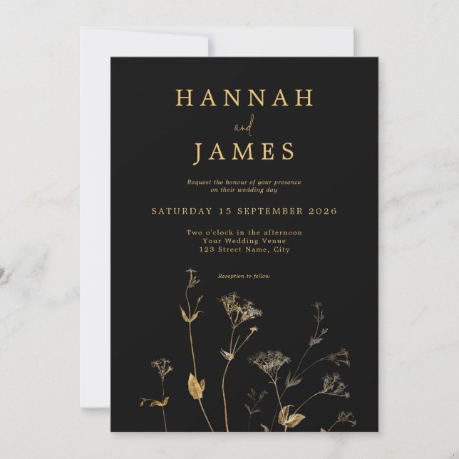 Invitación Boda de Flor Silvestre Simple de Moda Negra y Oro (Anverso)
