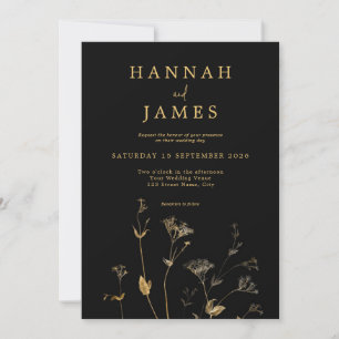 Invitación Boda de Flor Silvestre Simple de Moda Negra y Oro