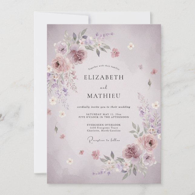 Invitación Boda de Flor Silvestre Susurrante Malva (Anverso)