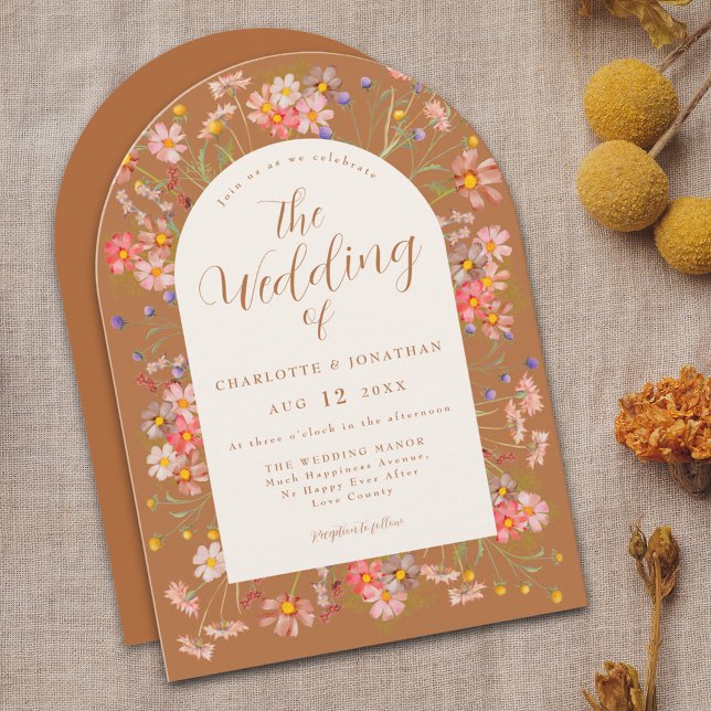 Invitación Boda de Flor Silvestre Terracotta (Boho fall wildflower arch elegant script terracotta burnt orange wedding invitation )