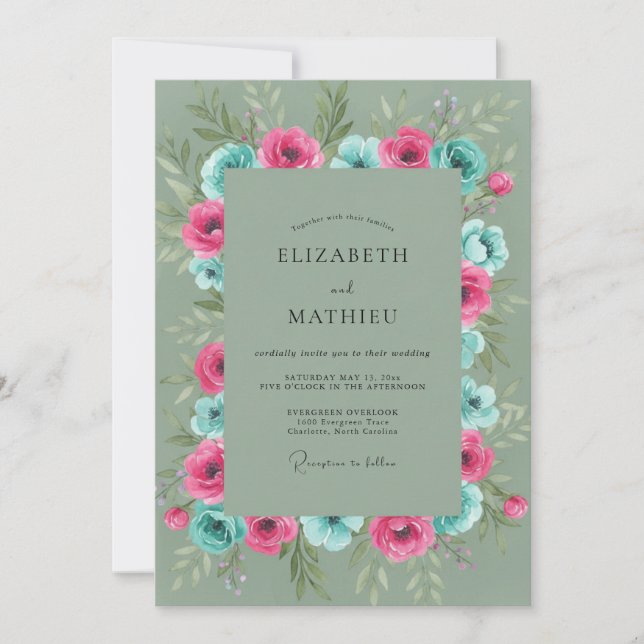 Invitación Boda de Flor Silvestre Turquesa Fucsia (Anverso)